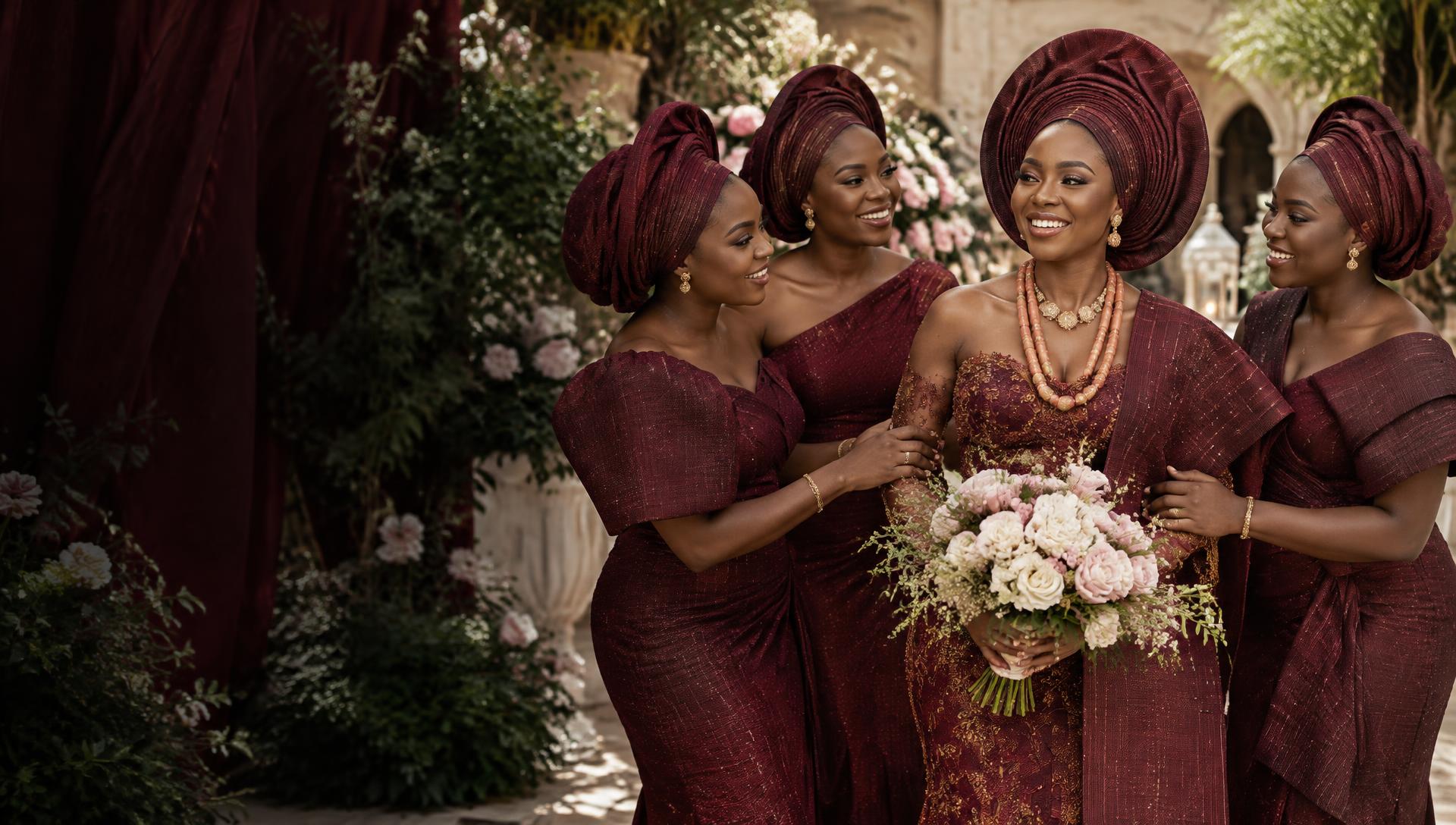 A bride and her bridesmaids celebrating in coordinated burgundy Aso Ebi